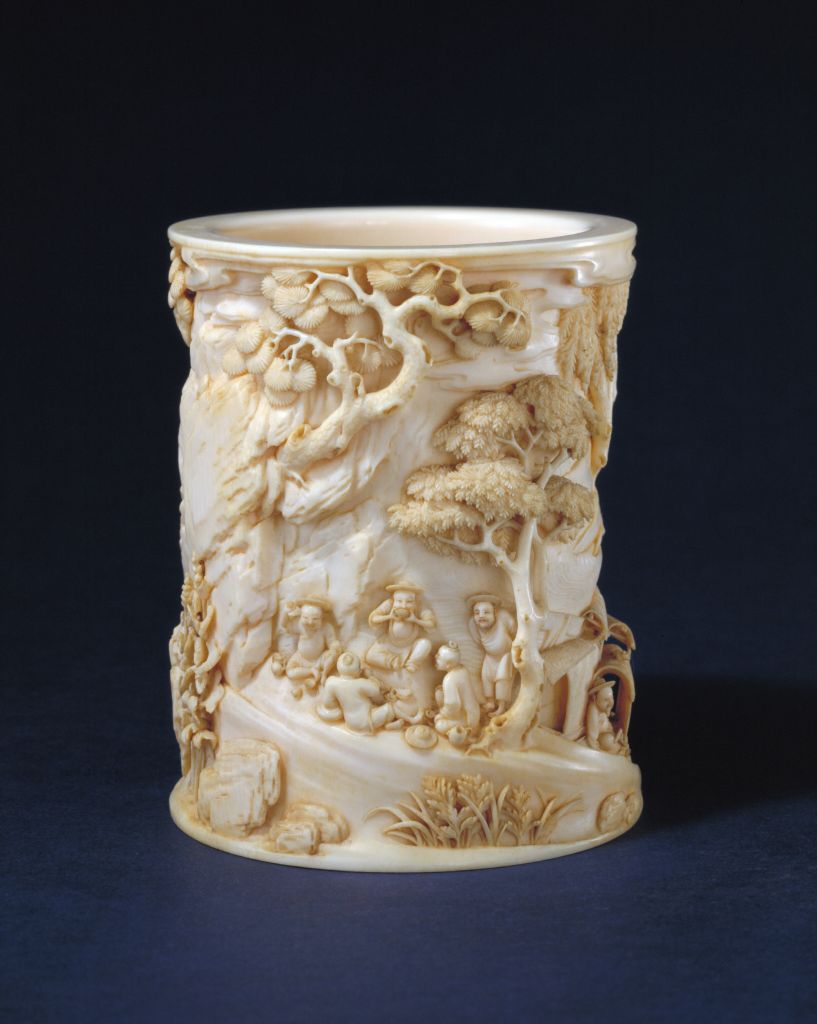 图片[1]-Yellow Zhenxiao ivory fisherman’s happy picture pen holder-China Archive